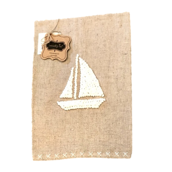 Mud Pie Other - MUD PIE Sailboat French Knot Hand Towel in Natural Tan Linen/White NWT